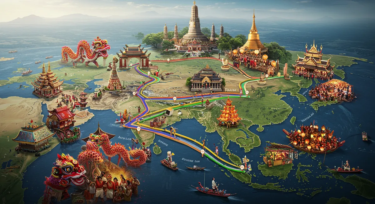 Map highlighting major Asian festival regions and routes