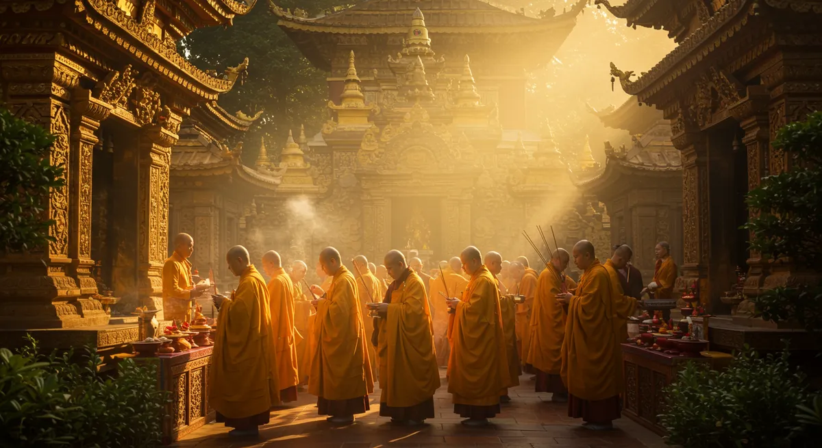 Buddhist temple ceremony with monks performing traditional blessing rituals