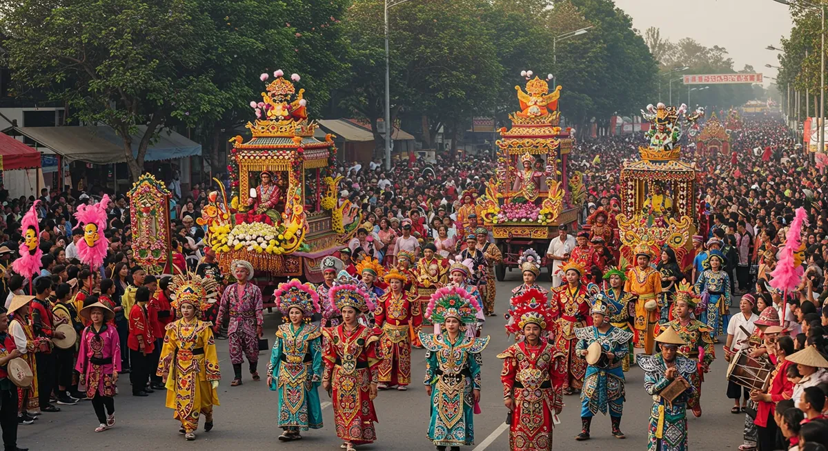 Vibrant Asian festival with elaborate costumes and ceremonial elements