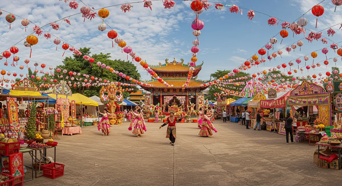 Traditional Asian festival with colorful decorations, ceremonial offerings and cultural performances