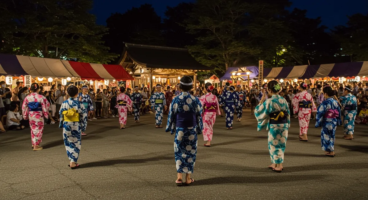Bon Odori dancers in yukata performing traditional circle dance during Japanese Obon festival