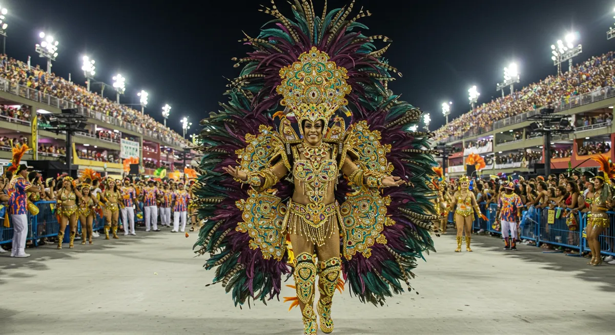 Elaborate carnival costume with feathers and sequins in Brazilian colors