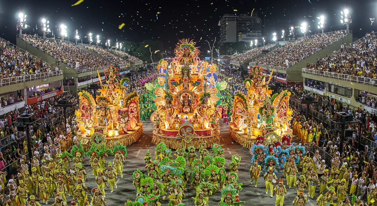 Rio Carnival parade with elaborate floats and samba dancers in colorful costumes