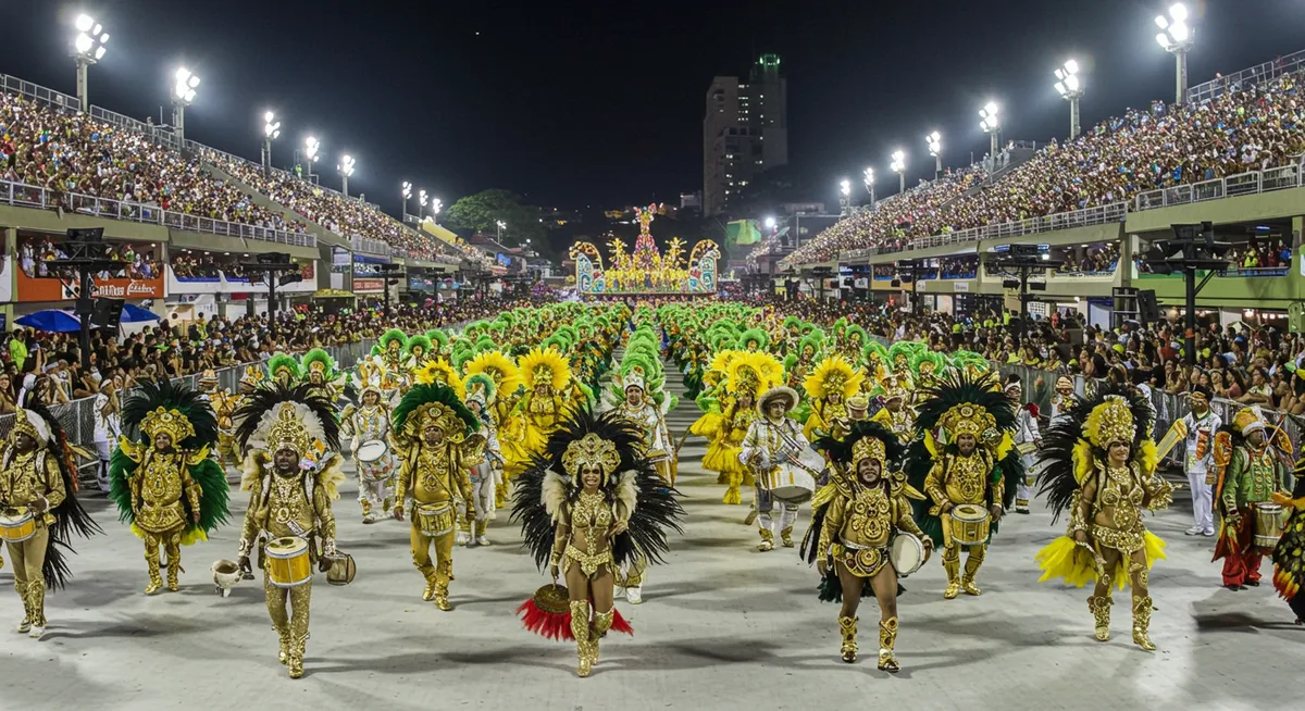 Spectacular samba parade at Rio Carnival with dancers in elaborate colorful costumes