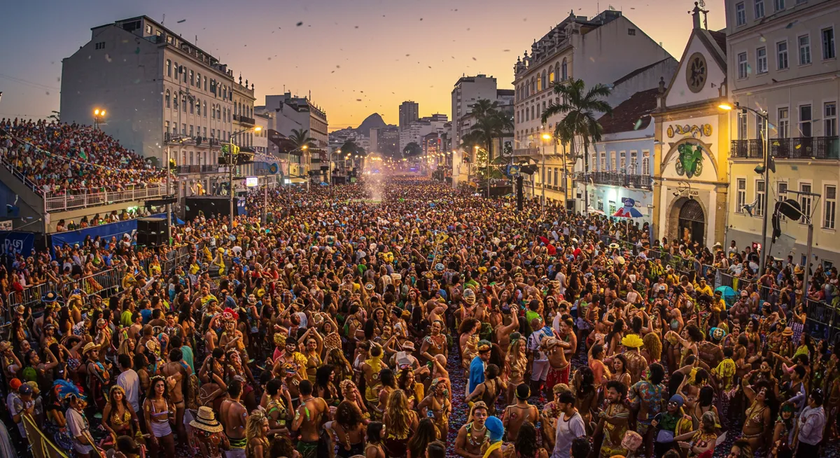 Vibrant street party during Rio Carnival with crowds dancing and celebrating