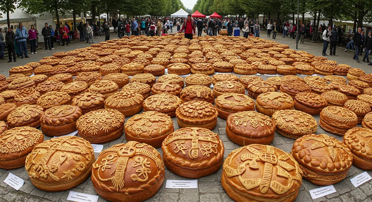 Intricately decorated ceremonial breads from various cultural traditions