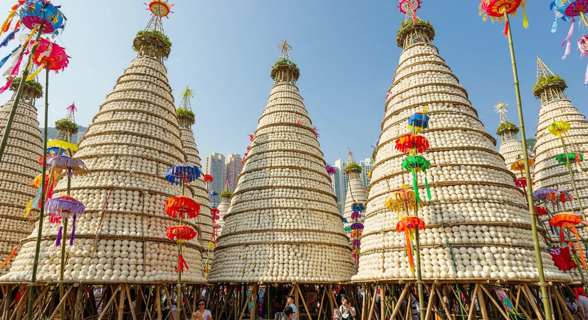 Towering bamboo bun mountains covered with thousands of white steamed buns during Cheung Chau Bun Festival