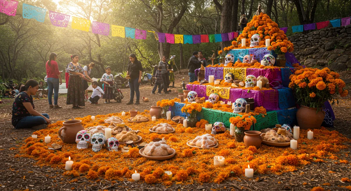 Colorful Día de los Muertos celebration with traditional altar and decorations