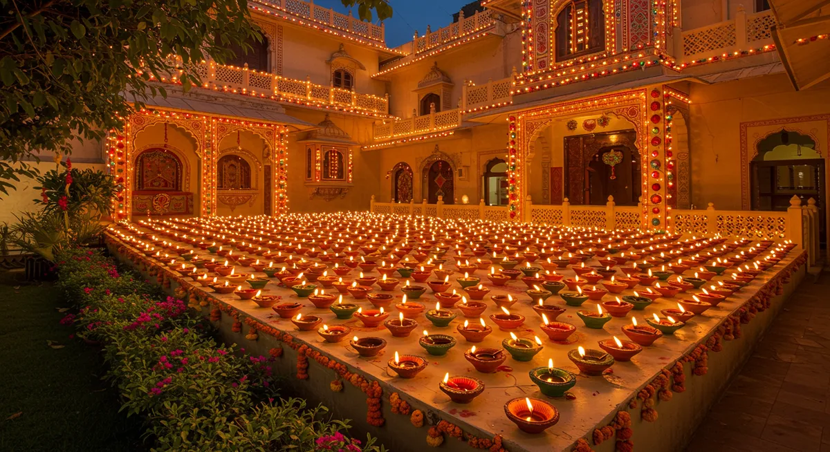 Traditional Indian home illuminated with rows of oil lamps (diyas) for Diwali celebration