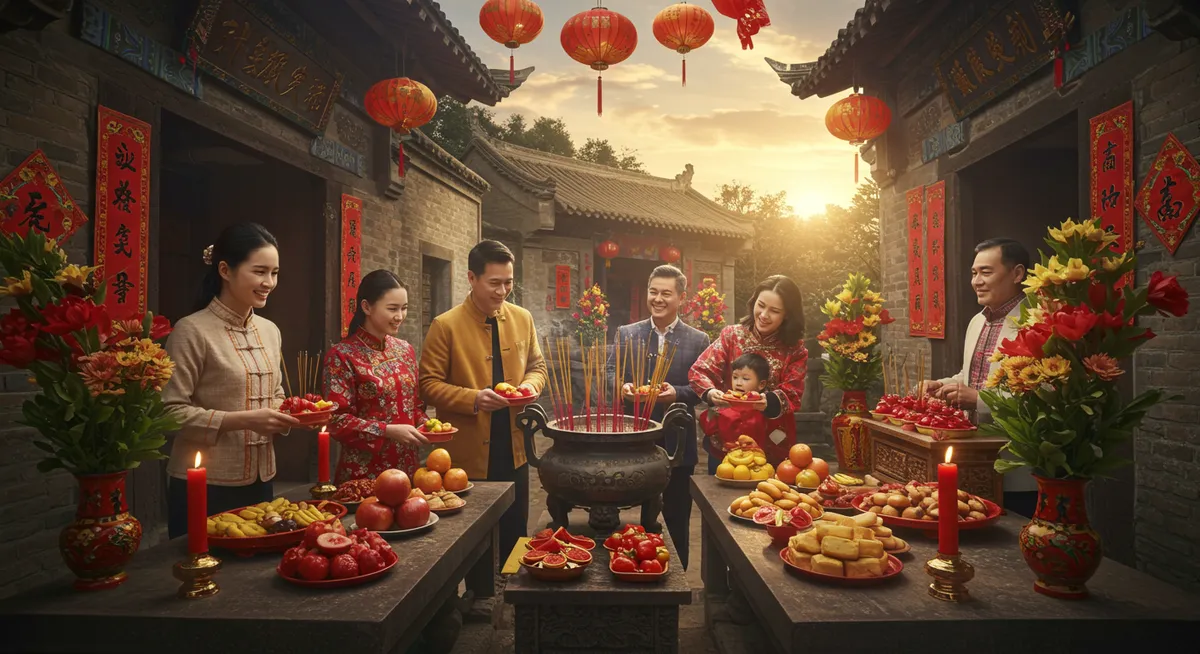 Family performing ancestral veneration rituals at a home shrine during Dongzhi Festival