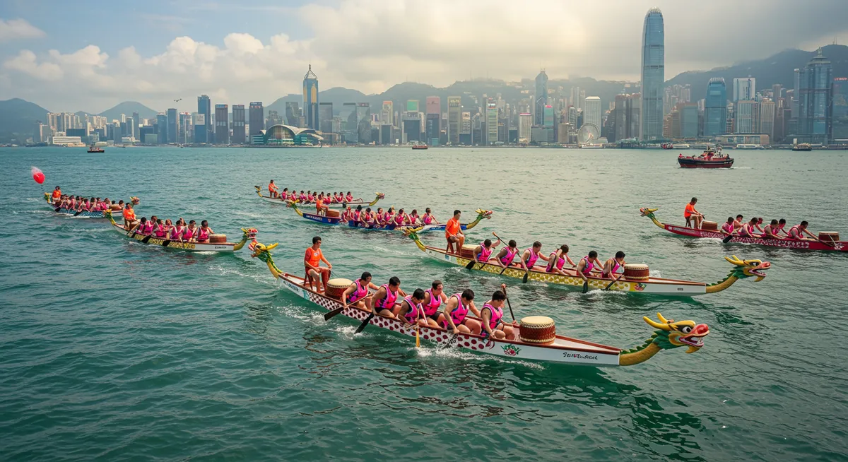 Colorful dragon boats racing with teams of paddlers during a festival competition in Hong Kong