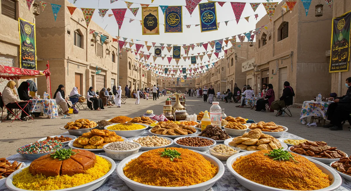 Eid celebration in the Middle East with festive decorations and traditional foods