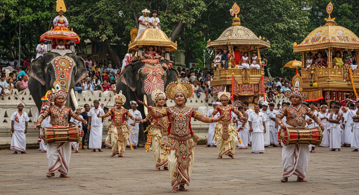 Traditional Kandyan dancers performing in the Esala Perahera with colorful costumes