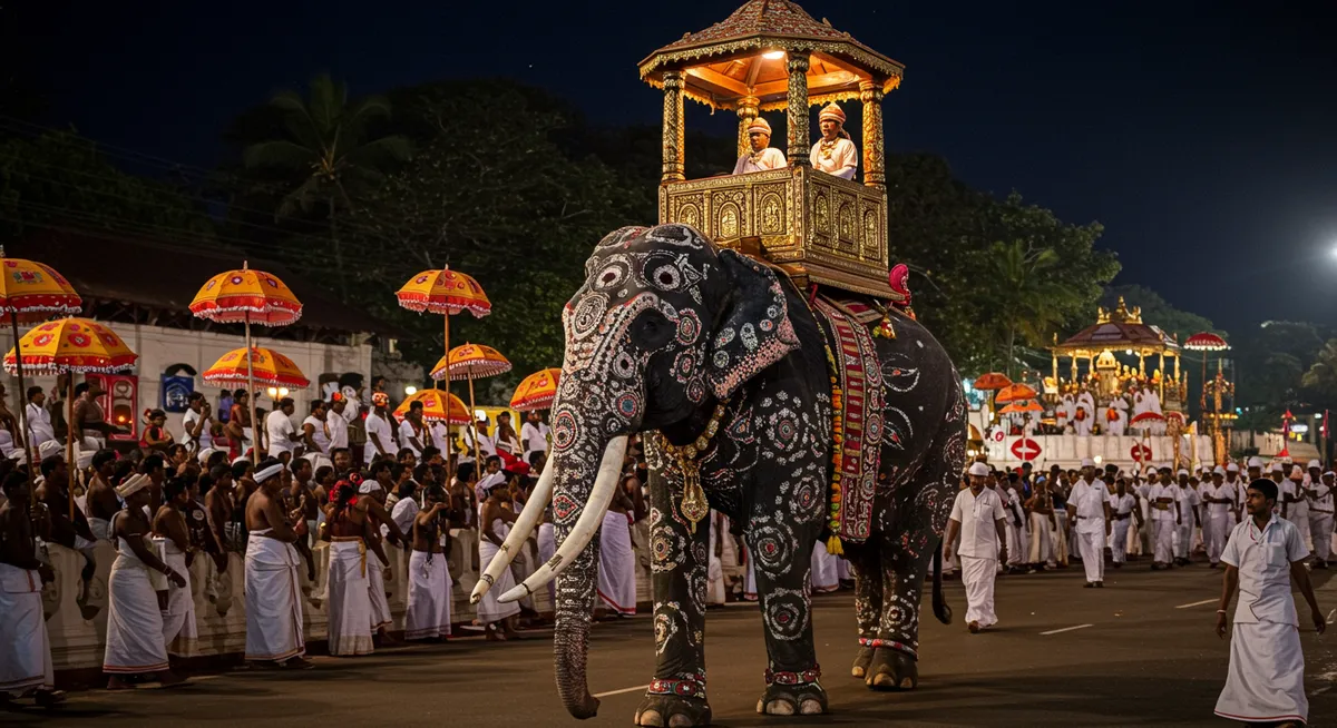 Elaborately decorated elephant carrying the sacred tooth relic casket in the Esala Perahera procession