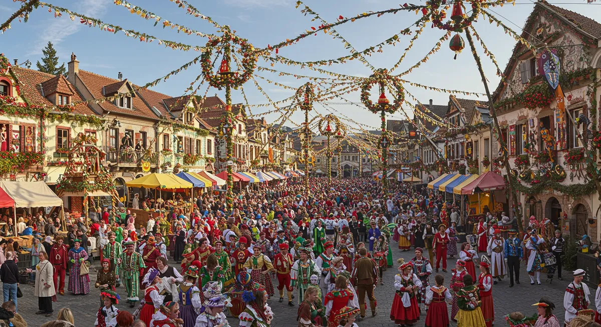 Colorful European festival with traditional costumes and decorations