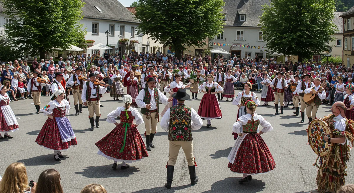 Traditional European festival with colorful costumes, dancing and music performances