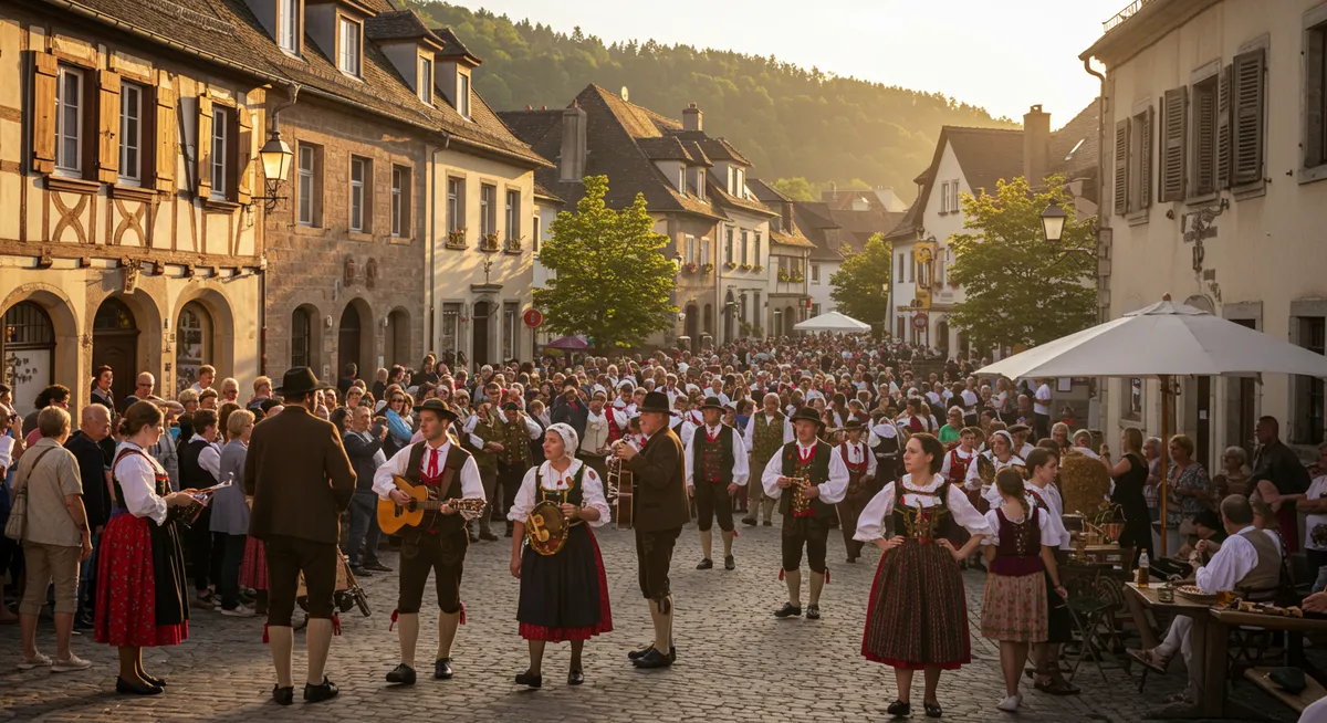 European village festival with traditional costumes and minimal tourists