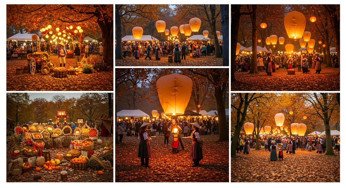 Collage of fall festivals showing harvest celebrations, lantern ceremonies, and autumn traditions
