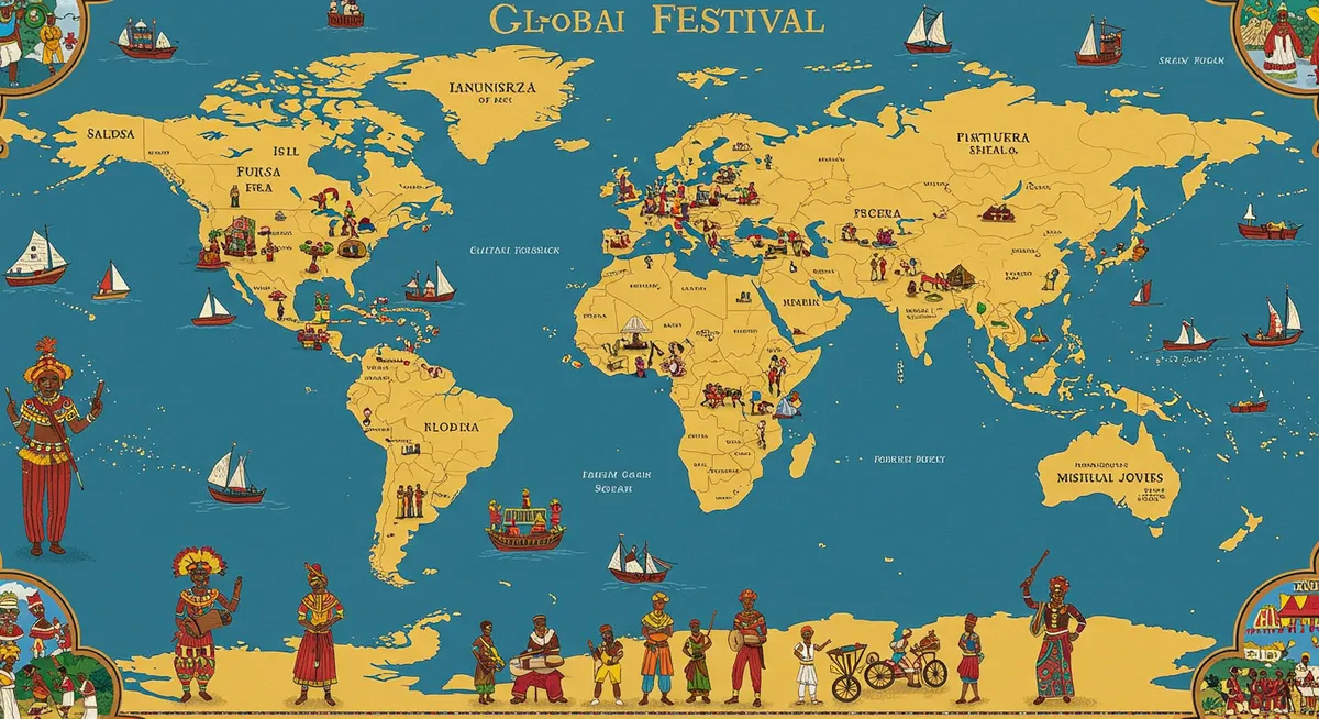 Map highlighting cultural festival regions across the globe