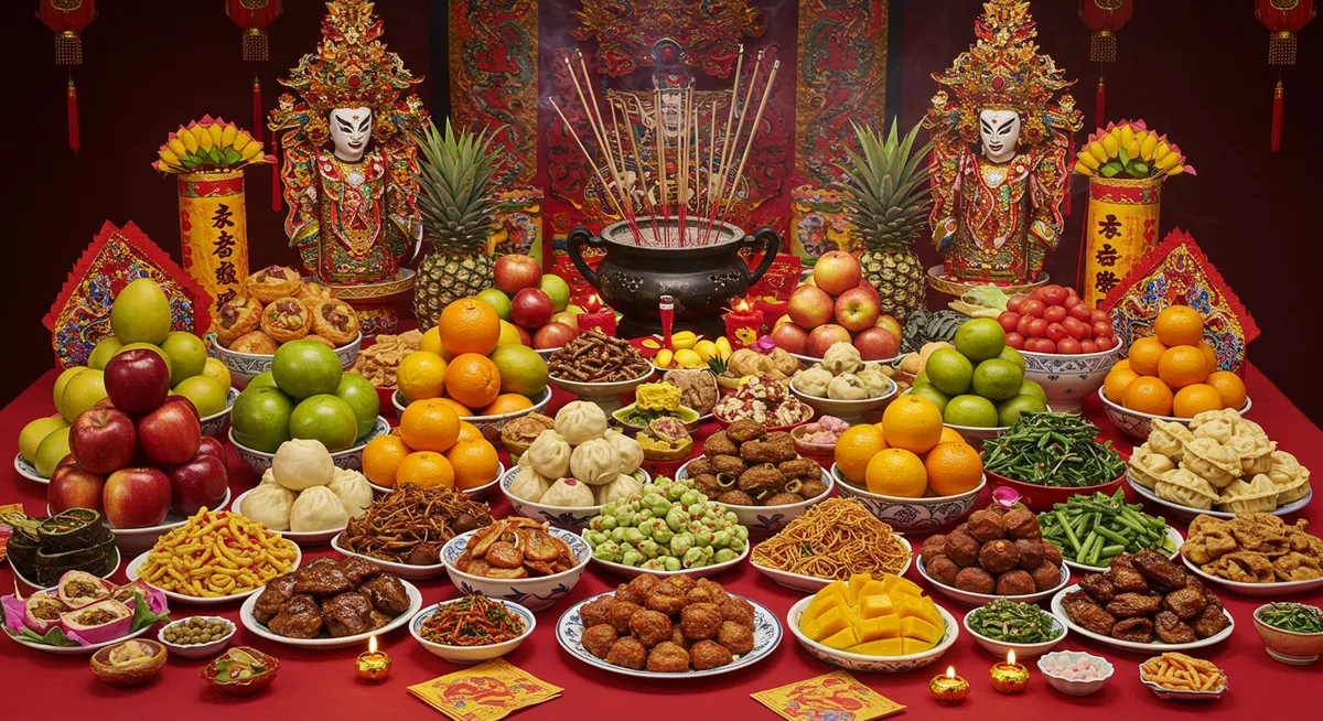 Elaborate food offerings on a traditional Ghost Festival altar with fruits, dishes, and ceremonial items