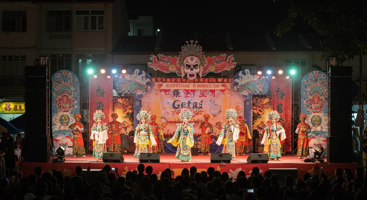 Colorful getai performance on stage with singers in elaborate costumes during Ghost Festival in Singapore