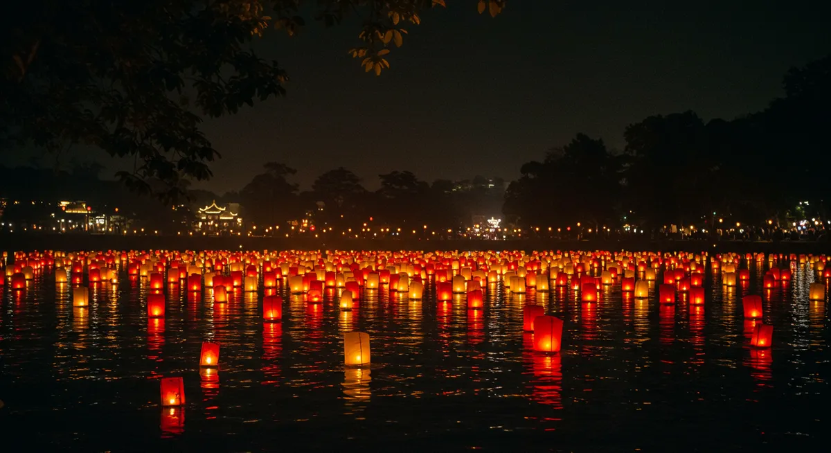 Paper lanterns floating on water at night during a Ghost Festival ceremony