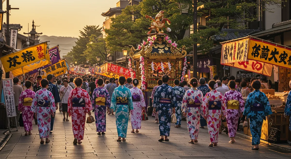 Visitors in traditional yukata summer kimono viewing a display during Gion Matsuri