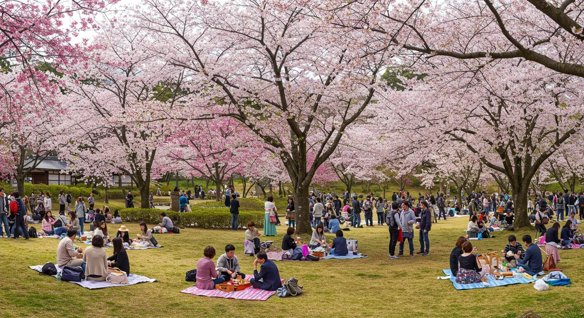 People enjoying hanami picnics under blooming cherry trees in a Japanese park