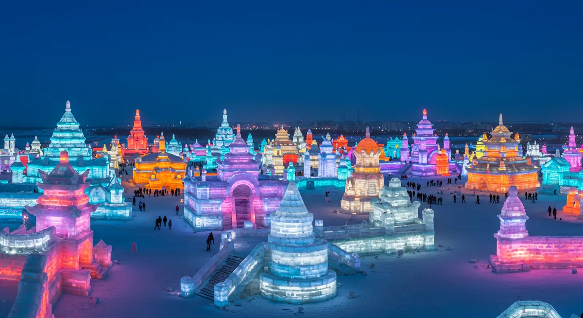 Illuminated ice buildings at the Harbin Ice and Snow Festival