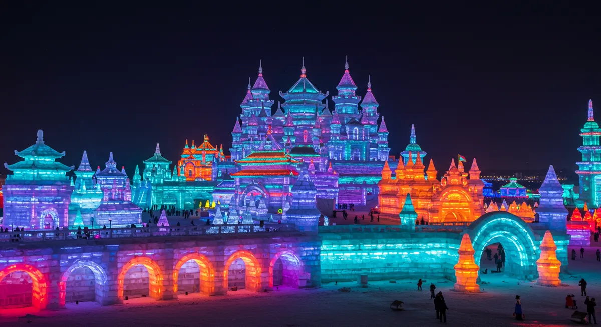 Massive illuminated ice castle with colorful LED lights at night during Harbin Ice Festival