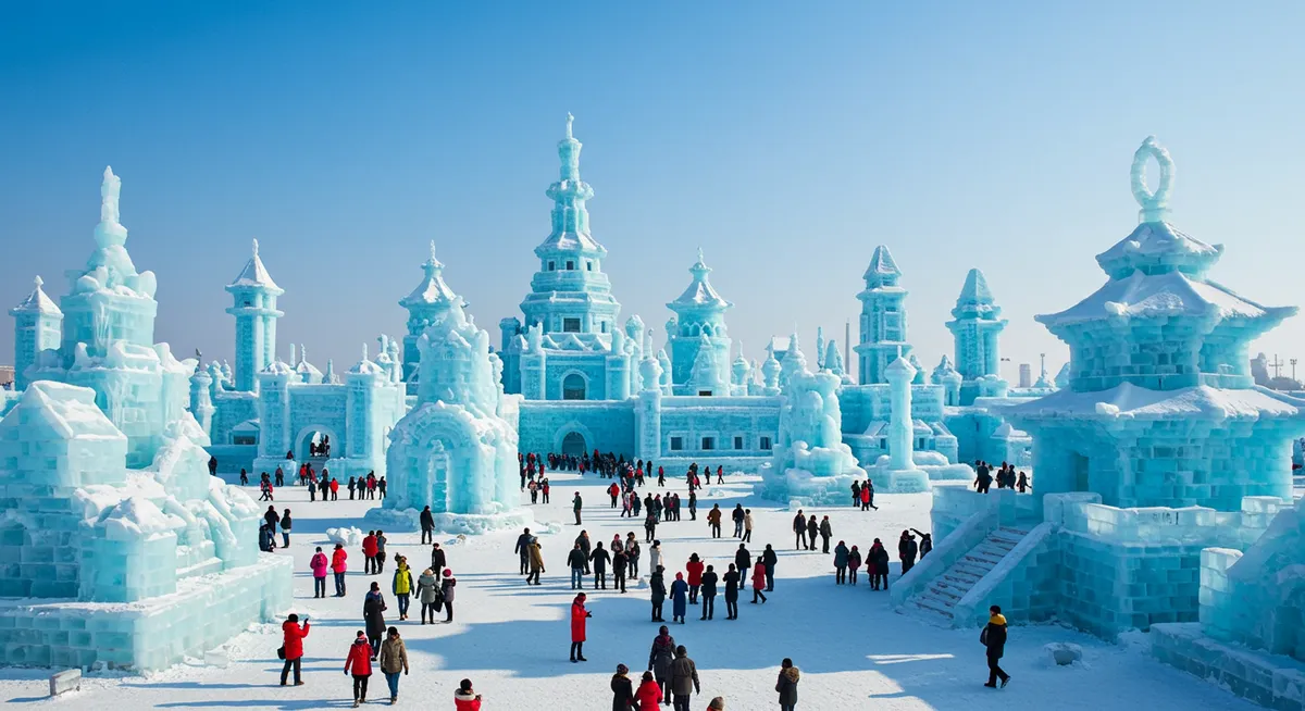 Visitors exploring massive ice buildings during daytime at the Harbin Ice Festival
