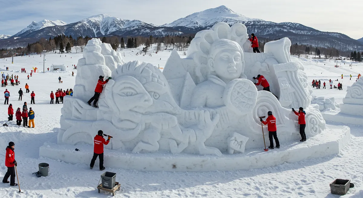 International snow sculptors working on a massive snow art piece during competition