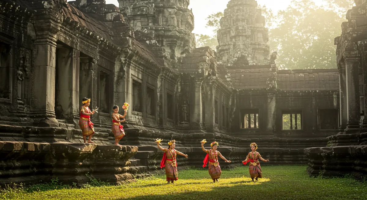 Traditional dancers performing in a historic heritage site with ancient architecture