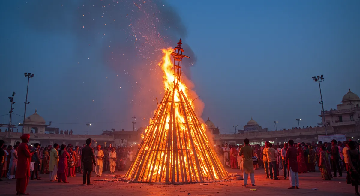 Traditional Holika Dahan bonfire ceremony the night before Holi festival