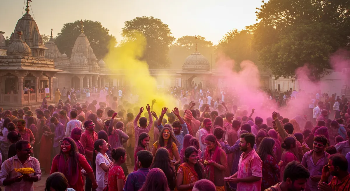 People celebrating Holi festival in India, covered in vibrant colored powders