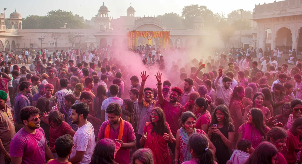Holi festival celebration in India with people covered in colorful powder