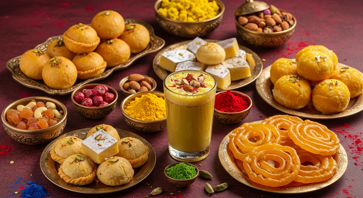 Traditional Holi sweets and foods with thandai drink