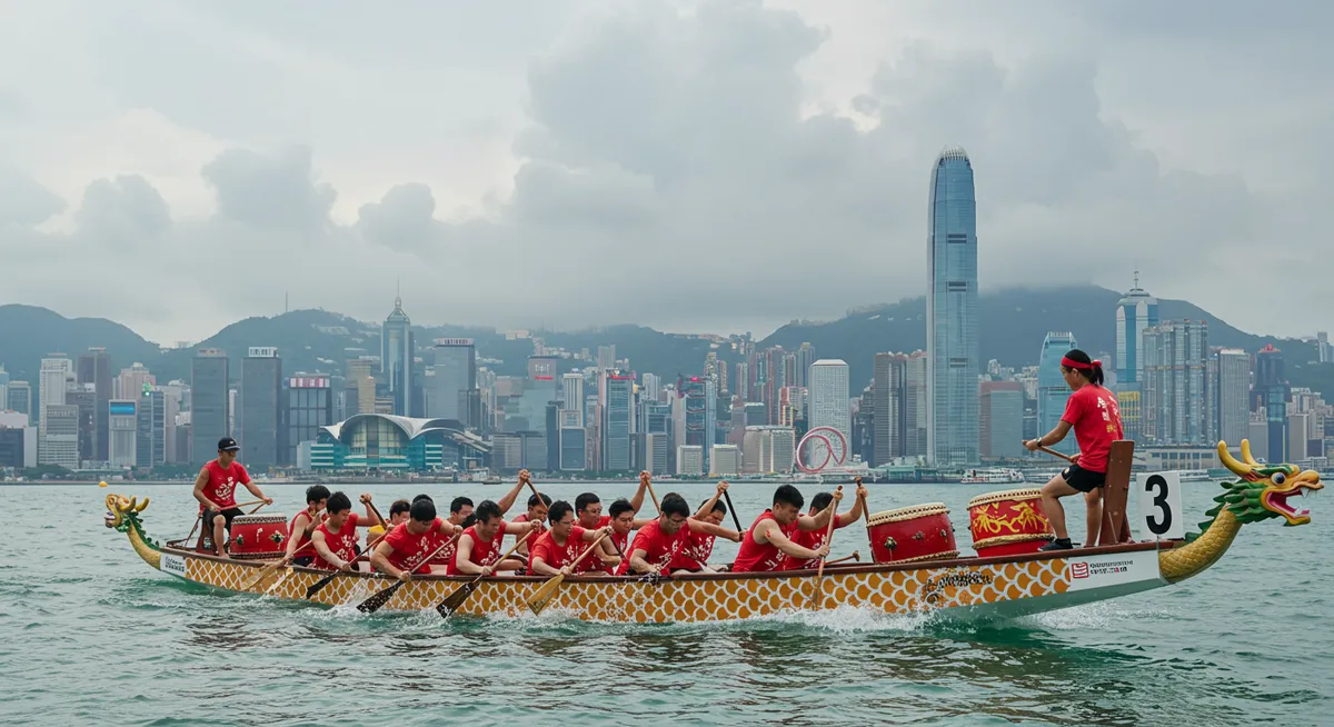 Drummers and paddlers in traditional dragon boat racing gear during Hong Kong's international competition