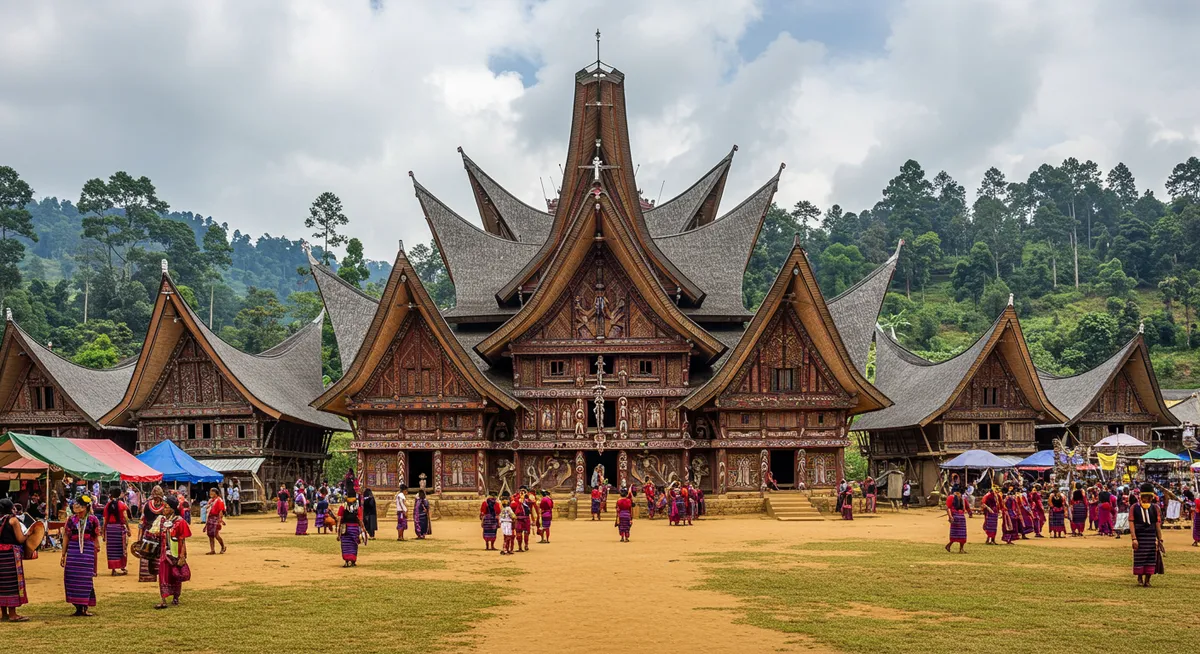 Traditional Naga morung (tribal house) with distinctive architecture and decorations at the Hornbill Festival grounds