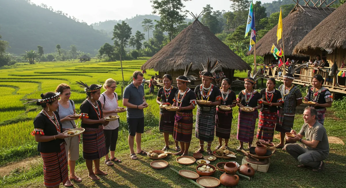 Visitors interacting with Naga tribal members and sampling traditional food at a morung