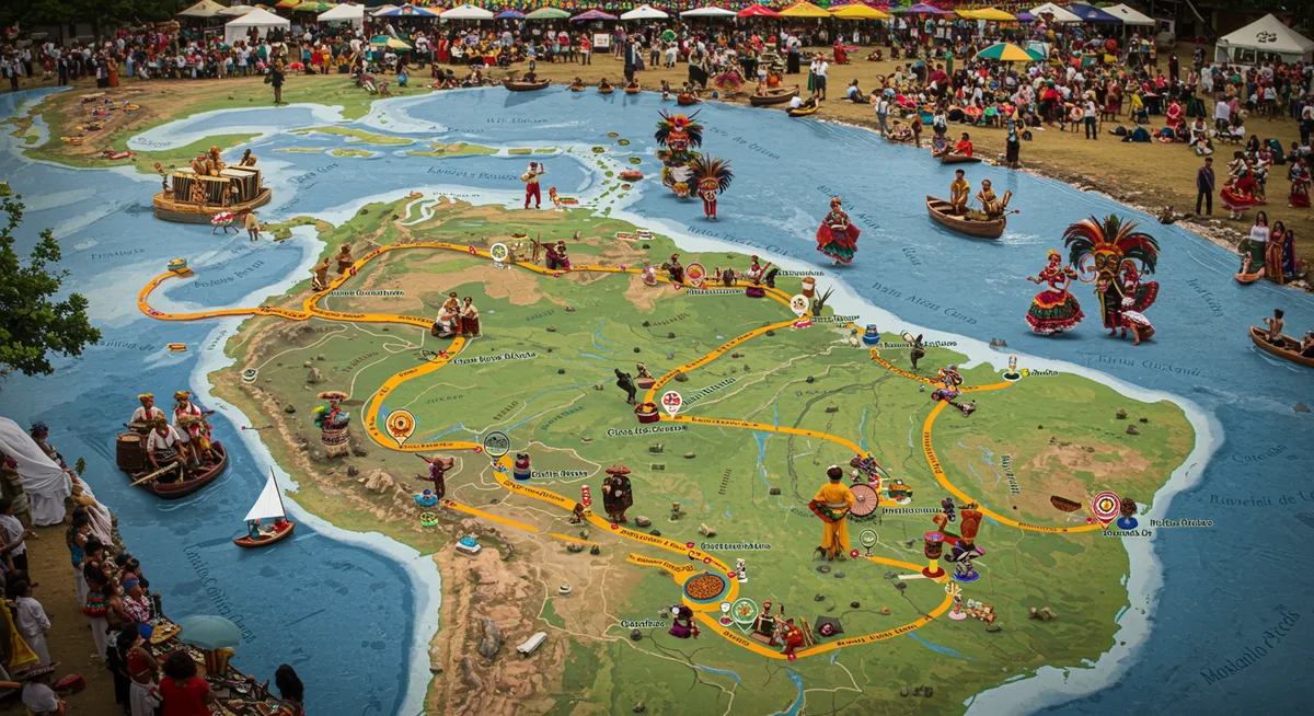 Map highlighting major Latin American festival regions and routes