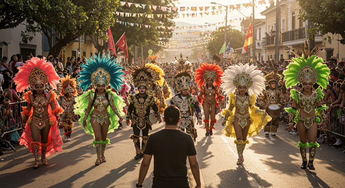 Colorful Latin American carnival with dancers in elaborate costumes