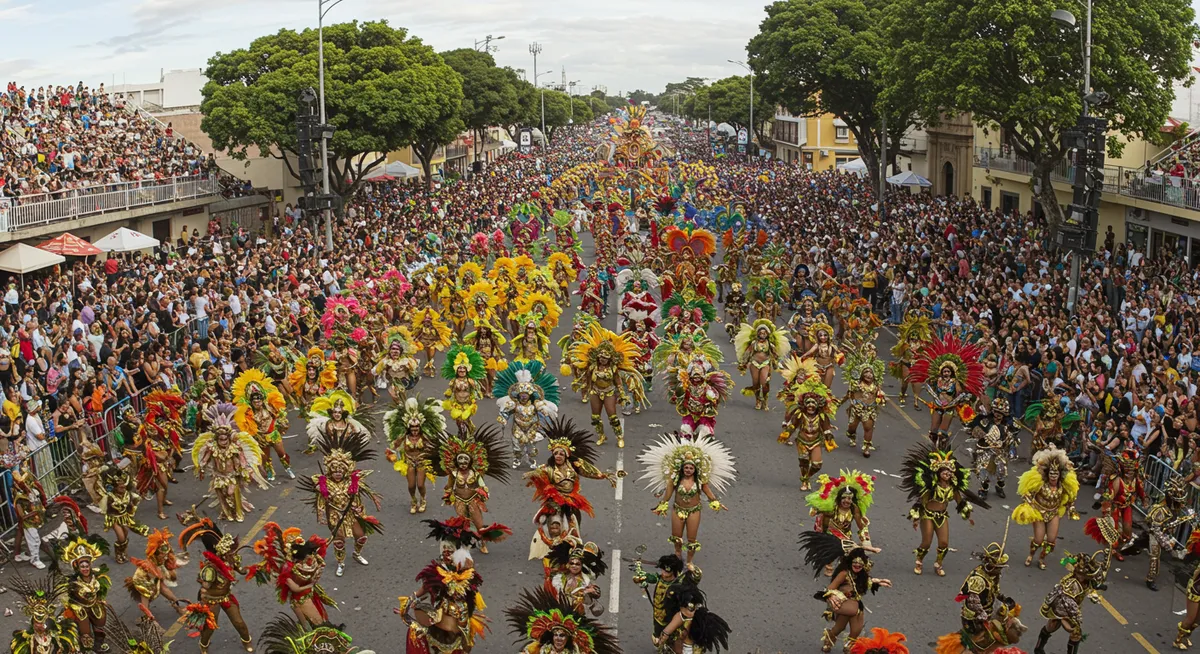 Colorful carnival celebration in Latin America with dancers in elaborate costumes