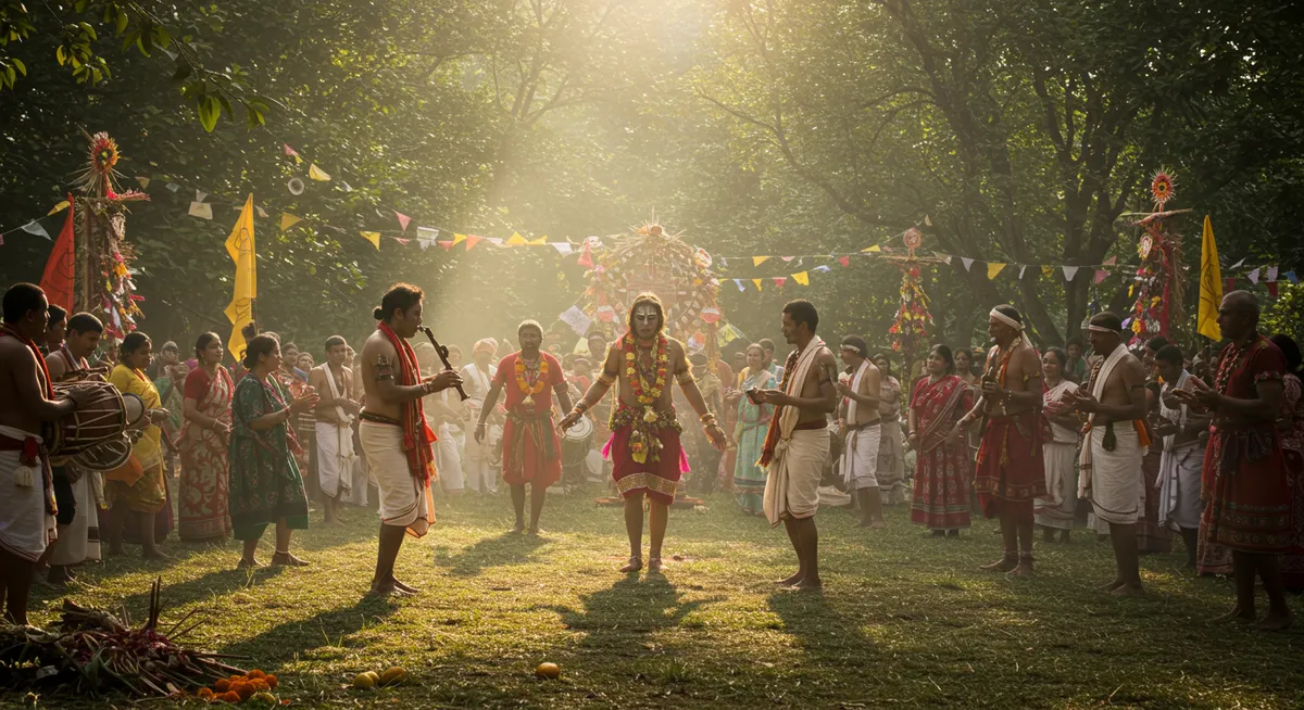 Traditional ritual ceremony with community members participating in an ancient practice
