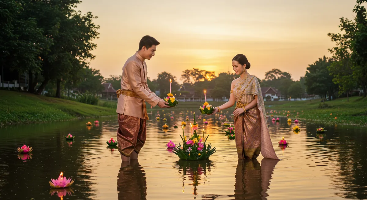 Thai couple in traditional dress releasing a krathong together during the festival