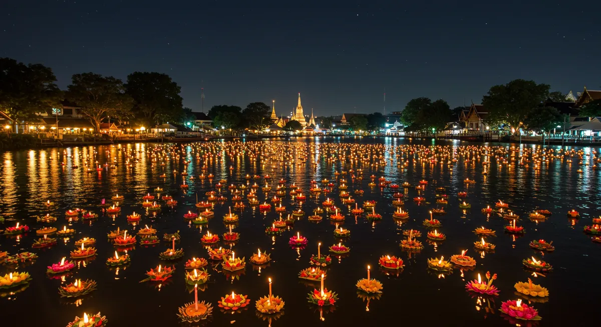 Thousands of illuminated krathongs floating on a river at night during Loy Krathong festival