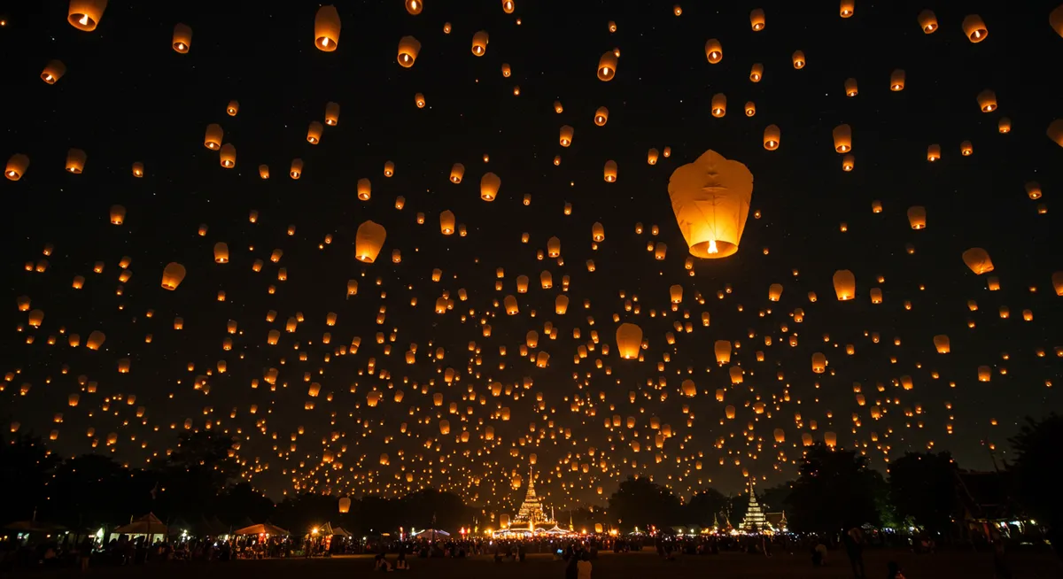 Sky lanterns rising into the night sky during Yi Peng festival in Chiang Mai