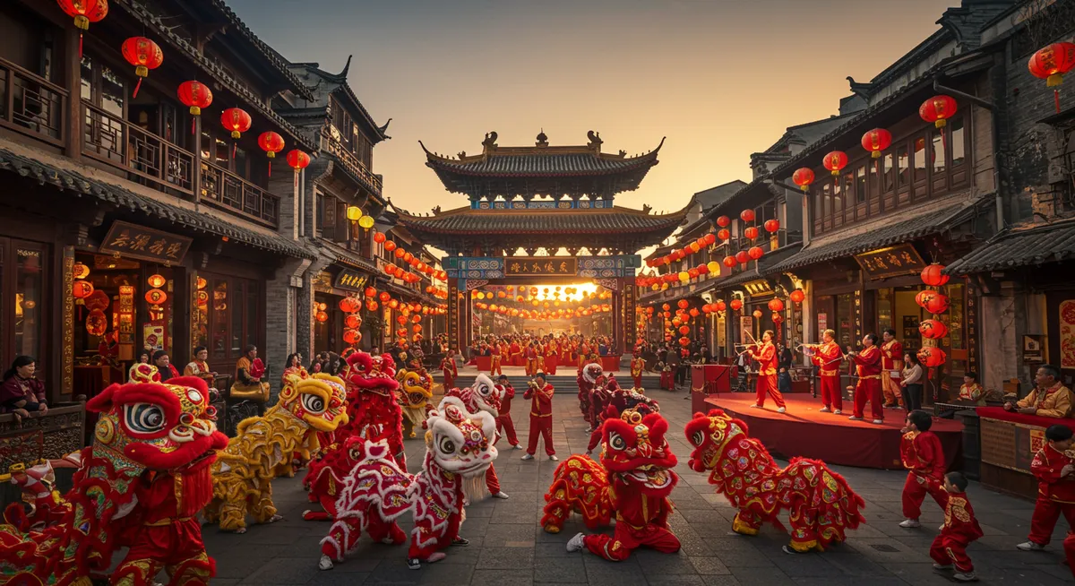 Lunar New Year celebration with lanterns, decorations and traditional performances in China