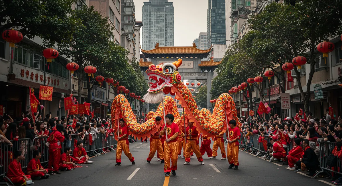 Traditional dragon dance performance during Lunar New Year celebrations in a Chinese city