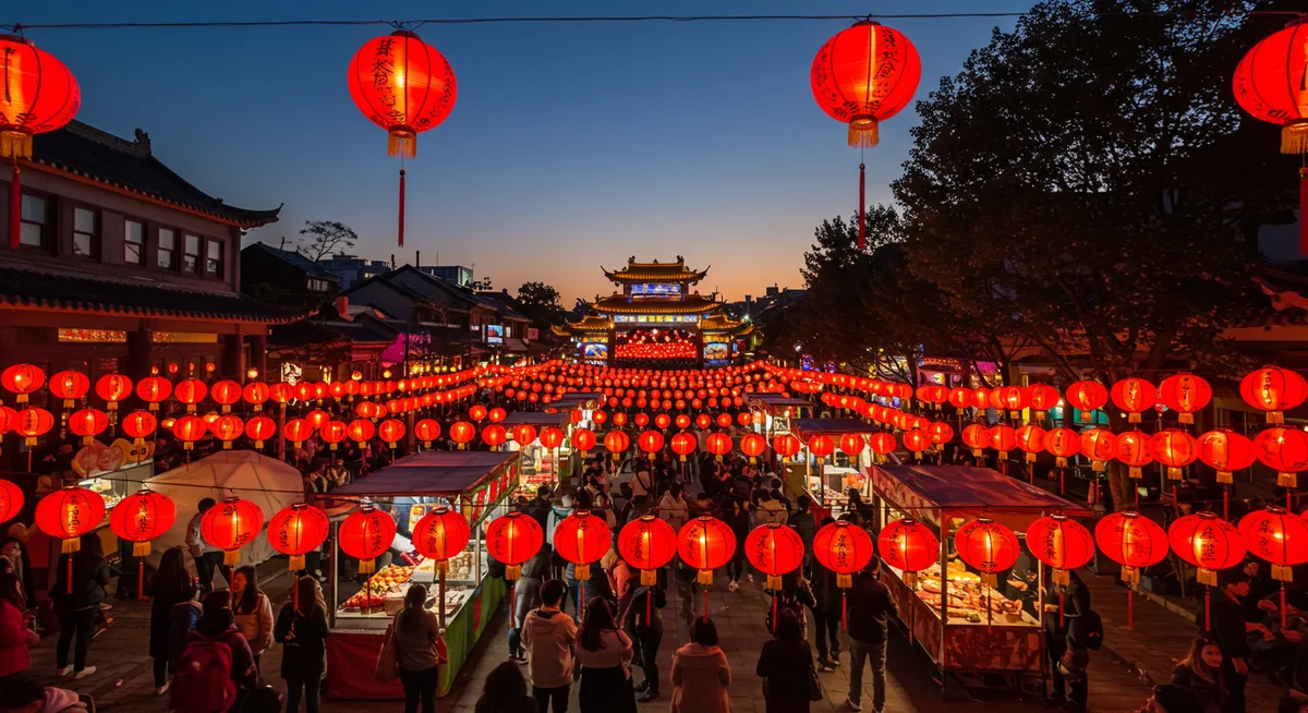 Lantern Festival celebration marking the end of Lunar New Year with thousands of glowing red lanterns